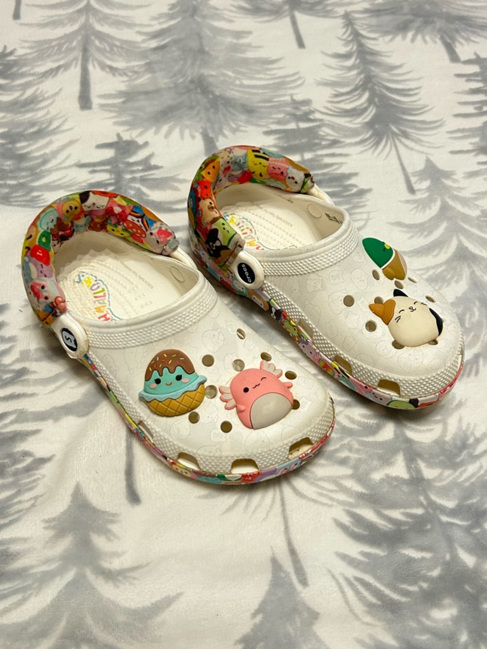 Crocs-Style Kids White Clog with Colorful Squishmallows